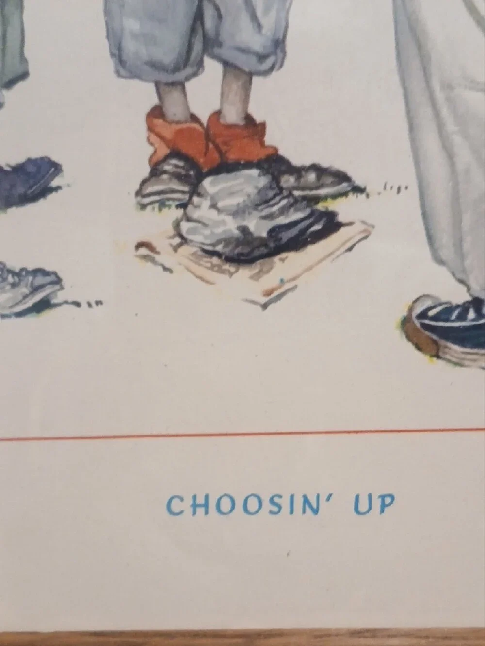 Norman Rockwell Boys in Baseball Uniforms with Orange Caps and Blue Shoes